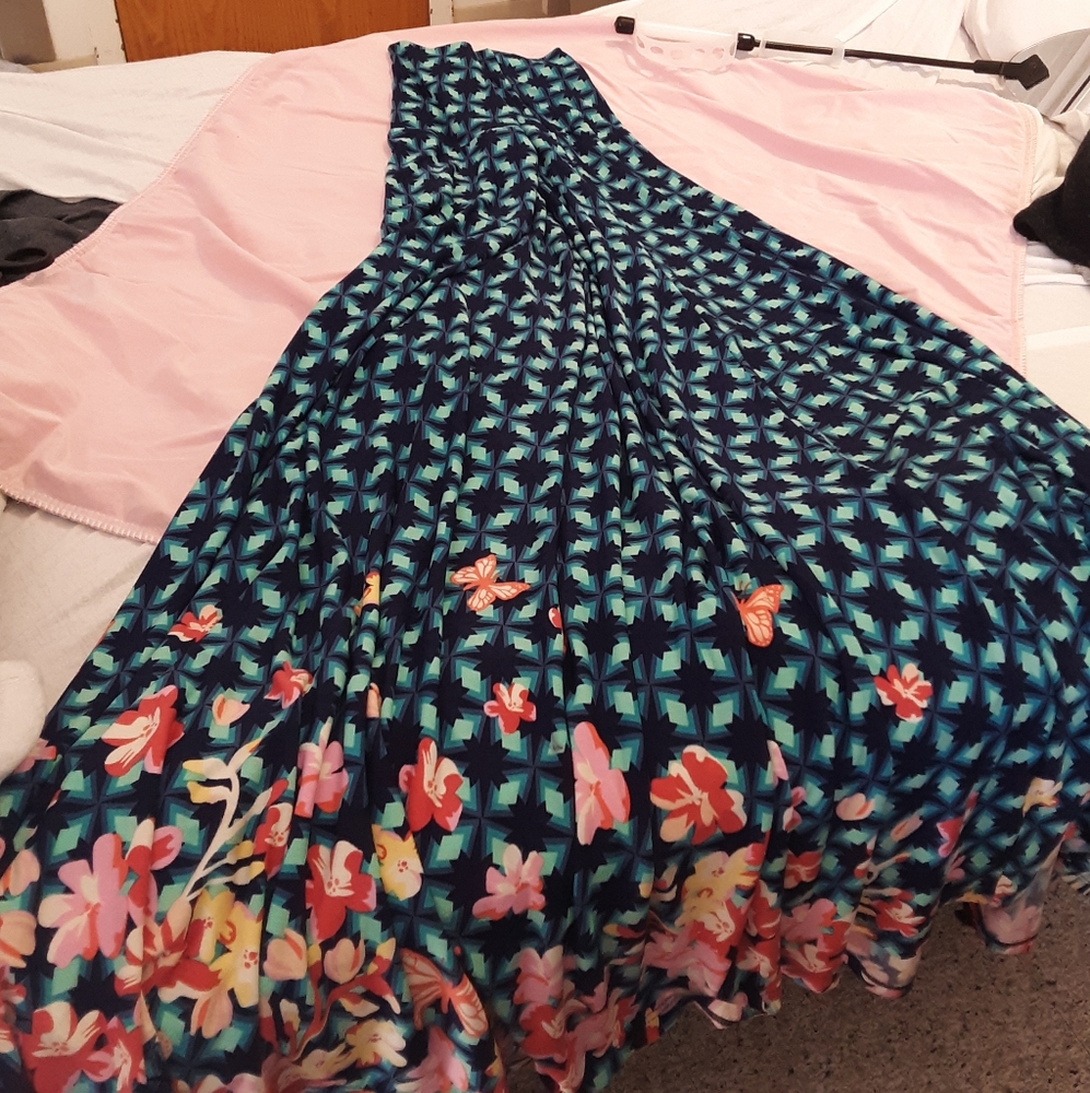 LuLaRoe Maxi Skirt Navy Teal with Pink Floral Border